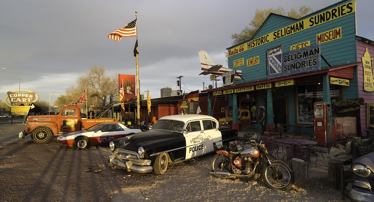 Seligman, AZ comes to life at sunset when travelers can walk the streets in the early evening calm.
