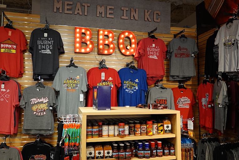 The Rally House in the Legends Mall has a large assortment of clothes and condiments celebrating Kansas City barbecue.