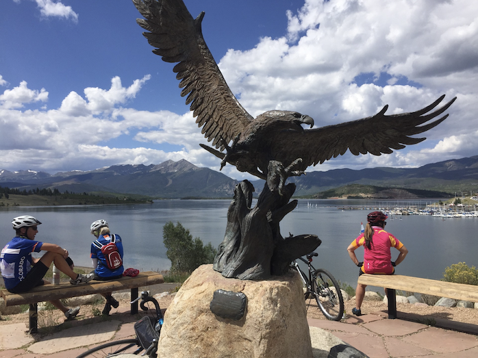 Pausing to rest along the bike trail circling Lake Dillon.