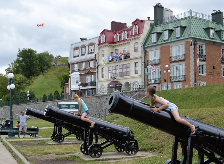 Old Quebec is surrounded by cannons once used for defense but now used for recreation by children.