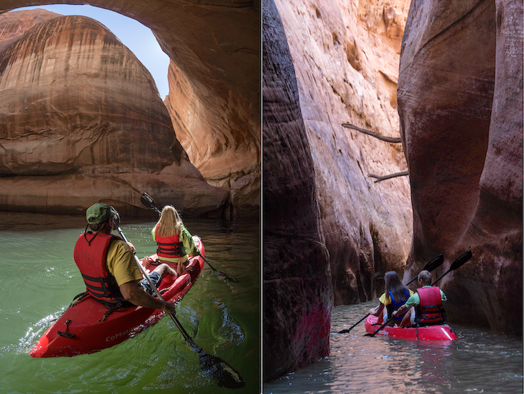Kayakers inside Cathedral in the Desert and Secret Canyon