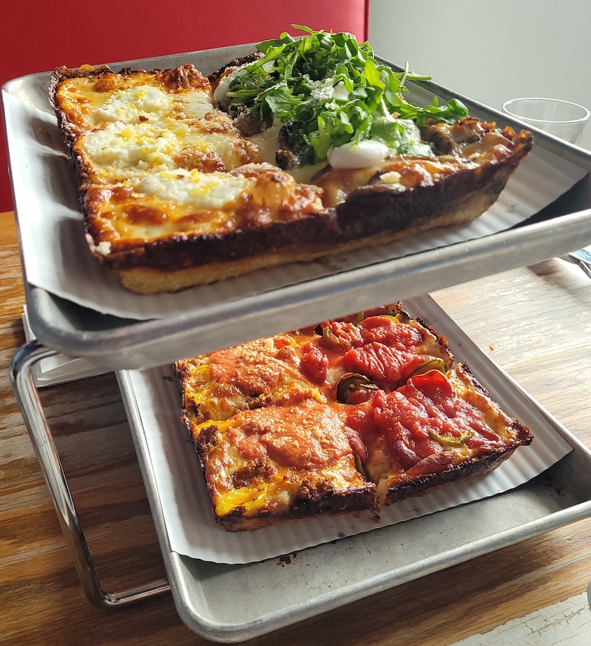 If your deep-dish pizza looks like edible art you must be at Detroit's Michigan & Trumbull. Note the lacey frico crust on the pizzas. 
