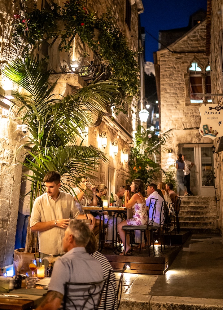 Restaurants line the narrow streets of Hvar Town.