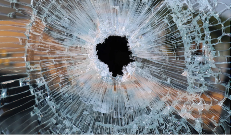 Guadalajara supermarket window shattered by a bullet in last week's fighting between Mexican drug cartels and the Mexican Army. 