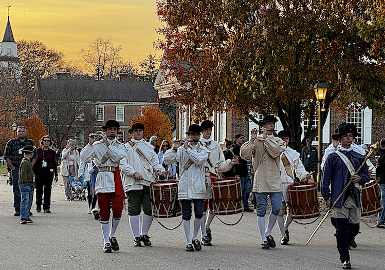 The Colonial Williamsburg Fifes & Drums corps marches down Duke of Gloucester Street, the main thoroughfare of Colonial Williamsburg. 