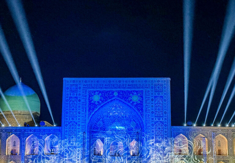 A nightly laser show takes places at Samarkand’s Registan Square in Uzbekistan.