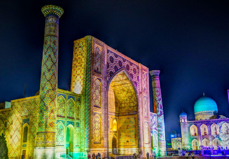 A nightly laser show takes places at Samarkand’s Registan Square in Uzbekistan.