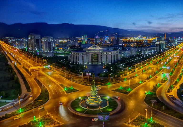 Twilight in the “White City” of Ashgabat, capital of Turkmenistan.