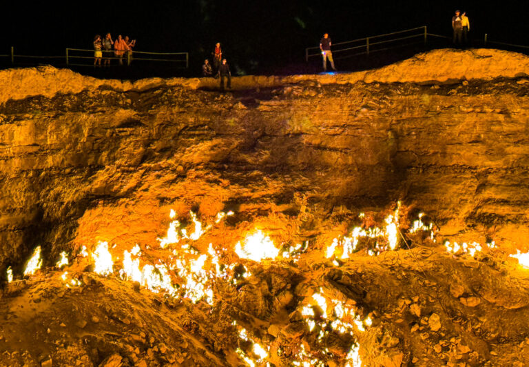 The phenomenon Darvaza Gas Crater in Turkmenistan’s Karakum Desert that local people call the “Door to Hell” has been burning since 1971 after Soviet geologists accidentally ignited it while drilling.