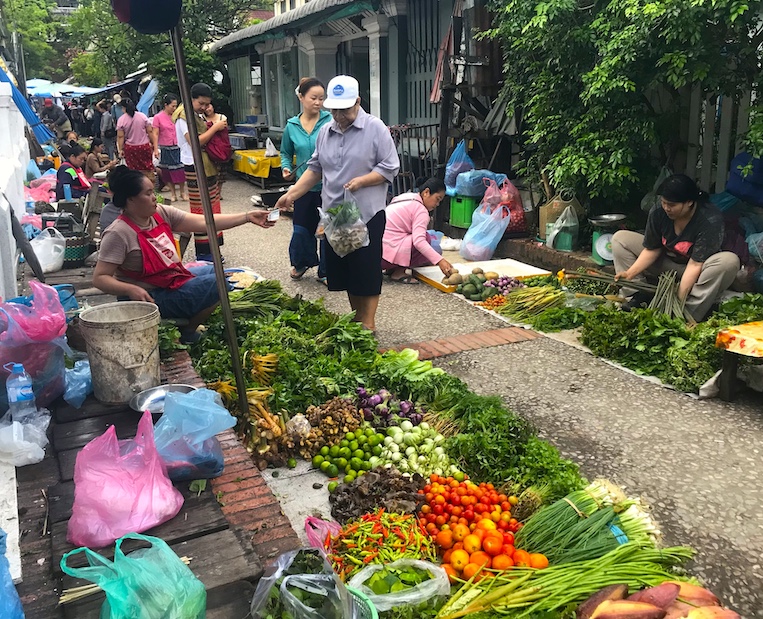 Luang Prabanh's colorful morning market flourishes along the edges of narrow lanes that wind through the heart of the city's old French colonial.