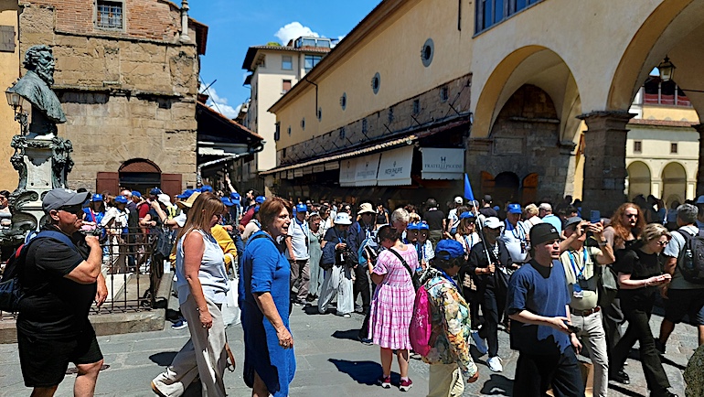Heavy tourist traffic on Florence’s Ponte Vecchio peaks in the afternoon and early evening as visitors fill the bridge’s jewelry and watch shops.
