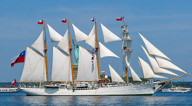 Chile’s tall ship, the Esmeralda, sails past the Statue of Liberty.