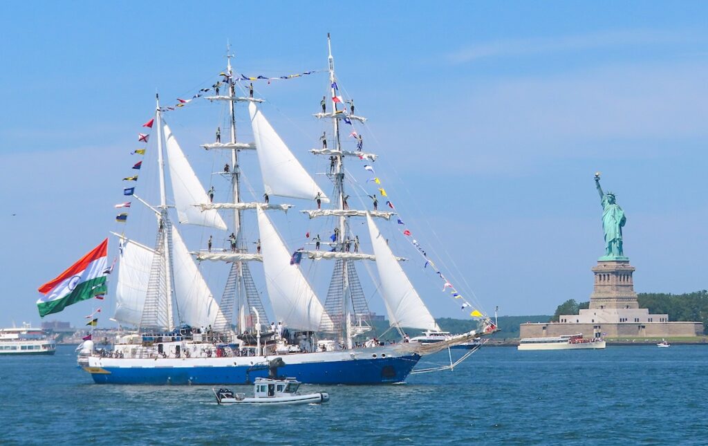 India’s tall ship, INS Sudarshini, sails past the Statue of Liberty on July 4th to celebrate America’s 250th birthday.