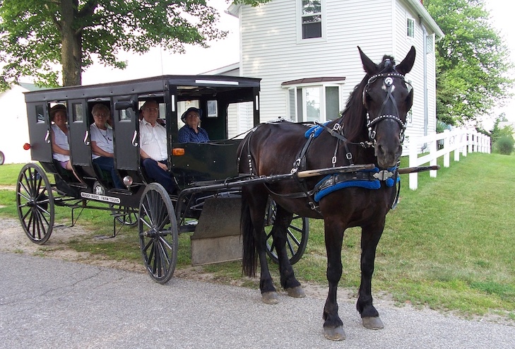 Tourists prepare to take a horse-drawn buggy tour of shops and farms belonging to Indiana's Amish.